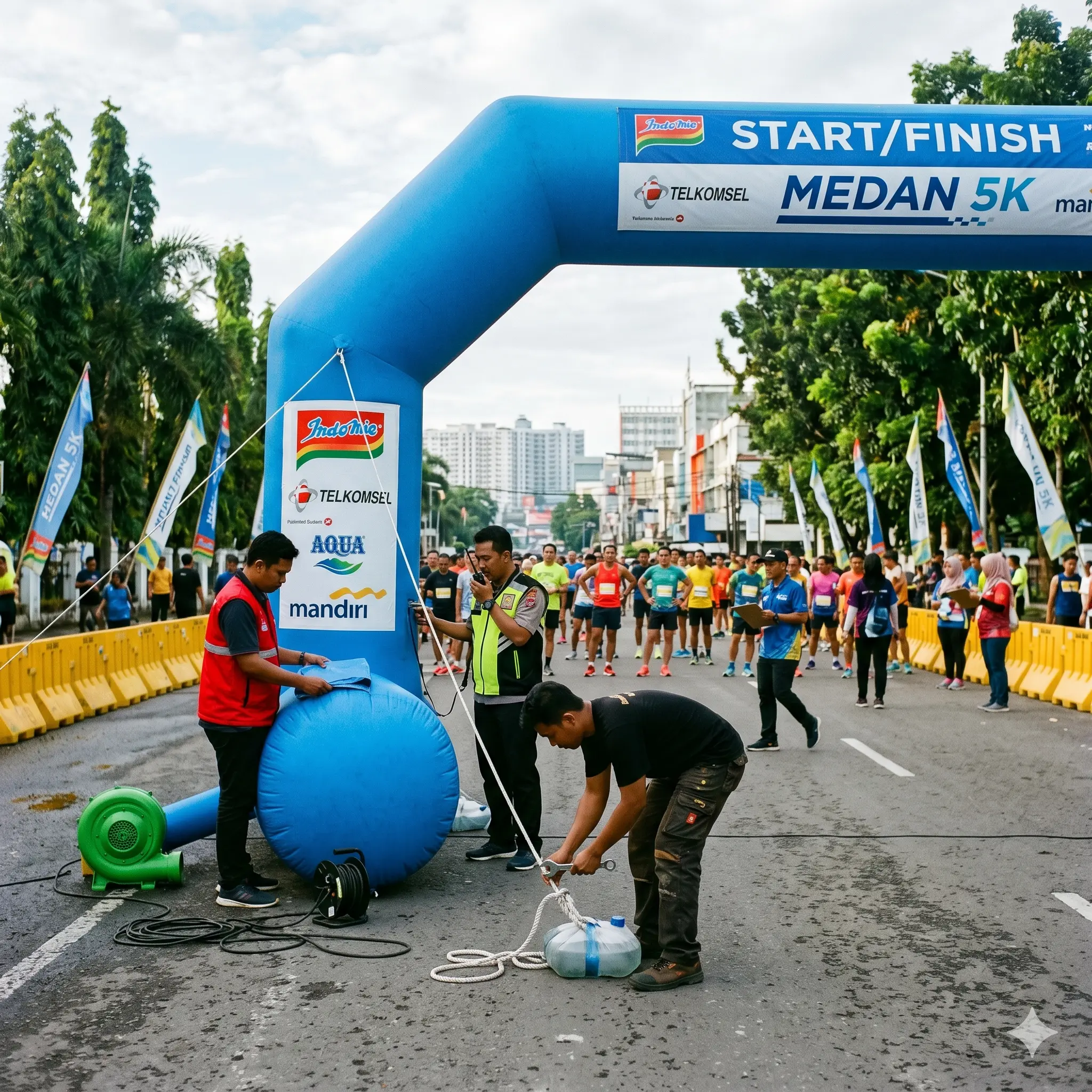 Tim teknis memasang balon gate start dan finish pada event lari 5K di Kota Medan sebelum peserta memasuki area perlombaan