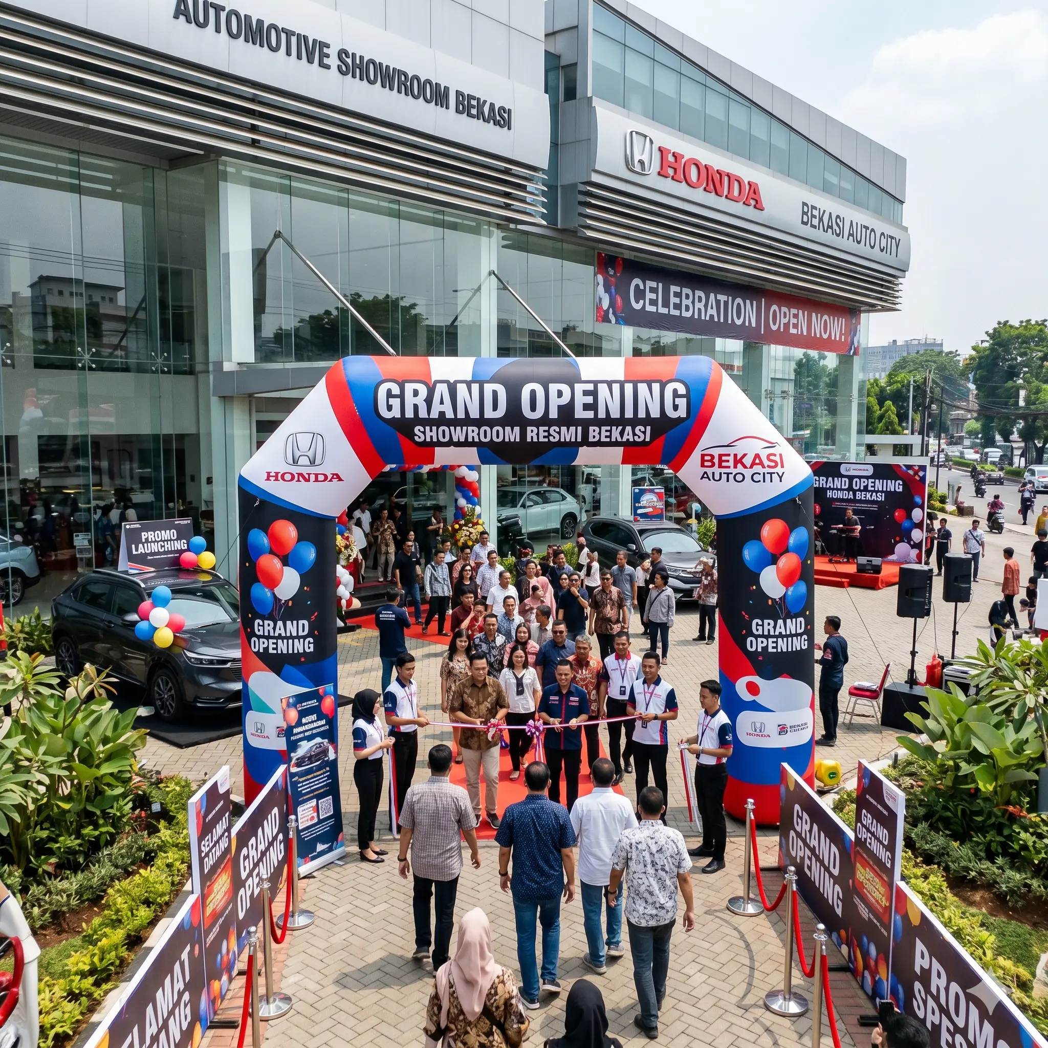Balon gate promosi dipasang di depan showroom otomotif saat acara grand opening di Bekasi