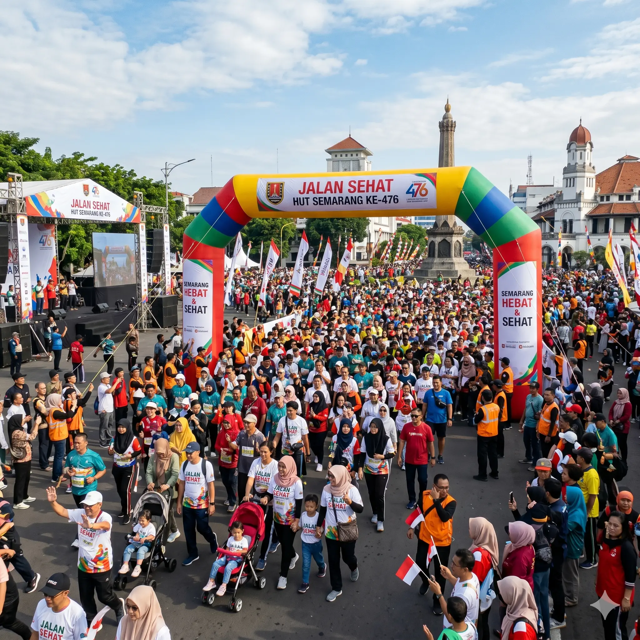 Peserta jalan sehat melintasi balon gate utama pada perayaan HUT Kota Semarang yang diikuti ribuan warga