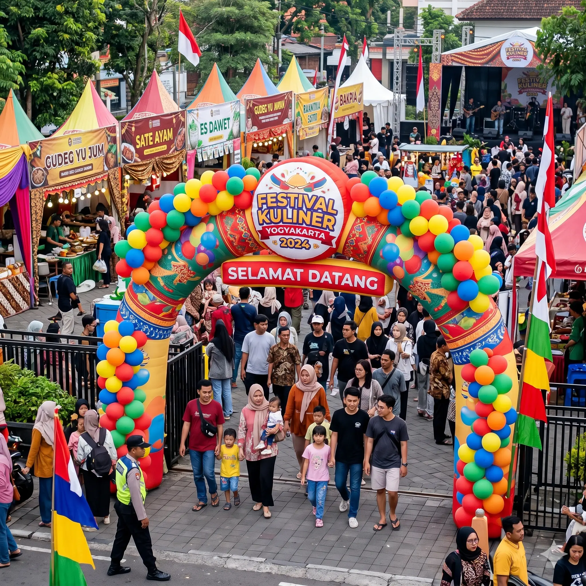 Balon gate custom dipasang pada area masuk festival kuliner di Jogja dan menjadi daya tarik pengunjung